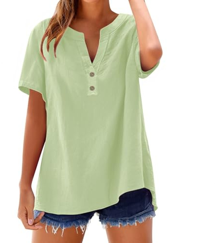 Camisetas Manga Corta Mujer De Algodon Y Lino con Botones Primavera Verano Moda Color Sólido Blusa Cuello En V Camiseta Casual Shirts Trabajo Fiesta Tops Elegante Cómoda Camisa Basica Top