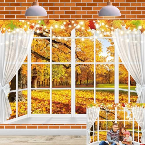 Toile de fond pour fenêtre d'automne de 2,1 x 1,5 m, scène de forêt d'automne, arrière-plan pour photographie d'automne, fête prénatale, anniversaire, fournitures de décoration de fête d'anniversaire