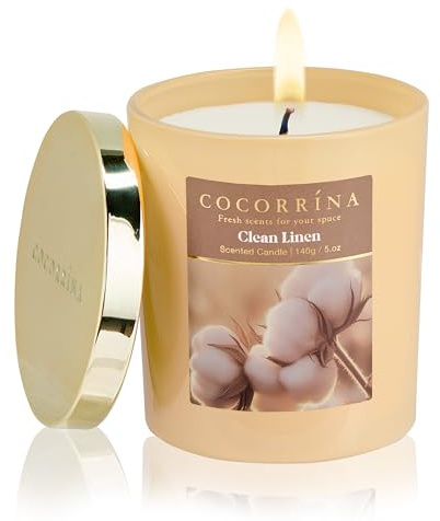 COCORRÍNA Candela Profumata in Cera di Soia 140g, Clean Linen, 31 Ore, Stoppino in Cotone, Candela Naturale Regalo per Donna e Uomo, Ideale per Natale e Compleanni