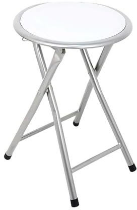 PREMZO Round Folding Stool Soft Padded Seat Compact Foldable Space Saving Lightweight Metal Frame Rubber Feet Free Standing for Home Office Breakfast Kitchen Bar (White)