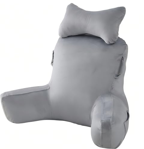 Nikphobos Almohada de Lectura para Adultos con reposabrazos: Suave cojín de Terciopelo Ideal para Leer, Ver la televisión o Jugar, con Bolsillos Laterales y Funda Lavable. (Gris Claro)