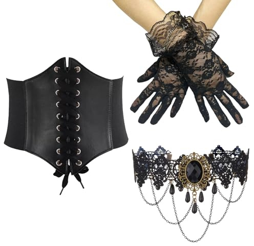ZXTGBQ 3 Pièces Corset Femme Ceinture,avec 1 Noir Collier Choker und 1 Paire de Gants en Dentelle, Ceinture Large pour Femme Corset Rétro pour Robes de Soirée et Habillage