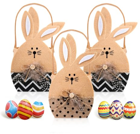 HGRGHH 3 Cestas de Pascua de Fieltro con Conejito, para Rellenar, con Huevos Blancos para Pintar y Rotuladores Acuarela, Bolsa de Pascua para Regalar y Decoración, (Caqui)