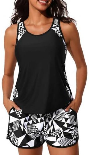 CheChury Tankinis Mujer Tallas Grandes Traje de Baño 2 Piezas Bañador Reductor Vientre Plano Bikini Push Up con Shorts Conjuntos de Tankini Sport Bañadores Dos Piezas Deportivos Mujer Natacion Playa
