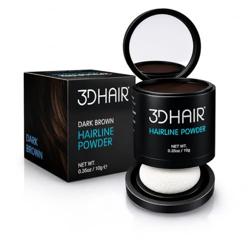 3D Hair Root Touch Up & Hairline Powder 10g – Covers Grey Roots & Thinning Hair – Sweat & Water Resistant – Hair Concealer for Bald Spots & Fill-In for Men & Women (Dark Brown)