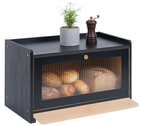 Relaxdays brödlåda, bambu, skärbräda, ventilationshål, akrylfönster, svart | HxBxD: 26 x 40 x 25 cm