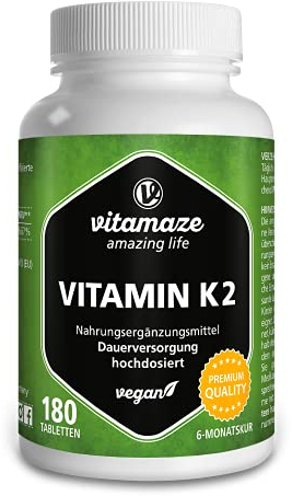Vitamaze® Vitamina K2 MK-7 Alto Dosaggio Menachinone, 180 Compresse Vegan, Qualità Tedesca, Naturale Integratore Alimentare senza Additivi non Necessari