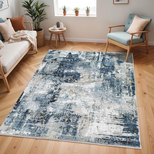 Livabliss Paris Wohnzimmer modern – Abstrakt Design in Marmor Optik für Wohnzimmer 200x275 cm, Esszimmer, Schlafzimmer - Marmor e groß, weicher Kurzflor in Blau, Grau, Beige