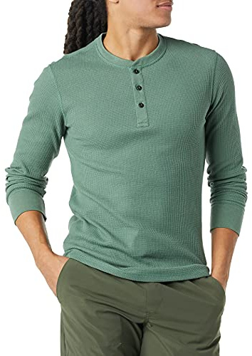 Amazon Essentials Camisa Henley de Panal de Abeja de Manga Larga con Ajuste Entallado Hombre, Verde, L