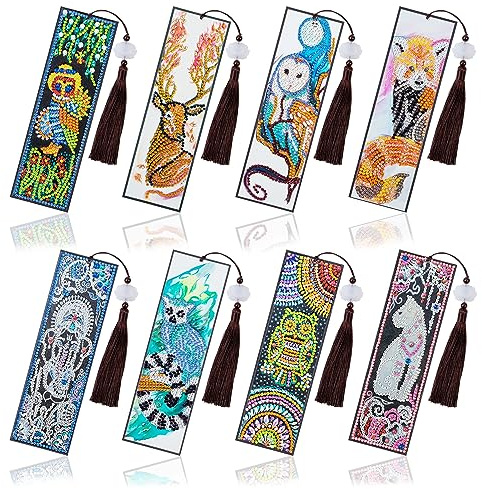 8 Pack Animal Diamond Art Bookmarks Kit, 5D DIY Diamond Painting Bookmarks with Tassels, Animal Crystal Diamond Art Leather Bookmark Set for Adults, Craft Gift Collection