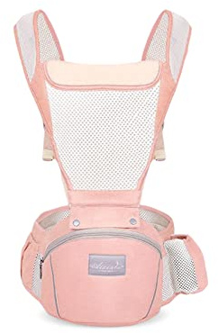 SONARIN Multipositioner andningsbar bärsele med höftsäte, multifunktionell ergonomisk höftsits bärsele barnbärare ryggsäck främre bärare för nyfödda småbarn 0-36 månader (rosa)