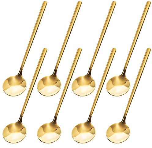 Kaffesked rostfritt stål liten sked dessertsked glassked tesked mockalsked rund rörsked för hem kök café dessertbutik bar, 8 st 13 cm, guld