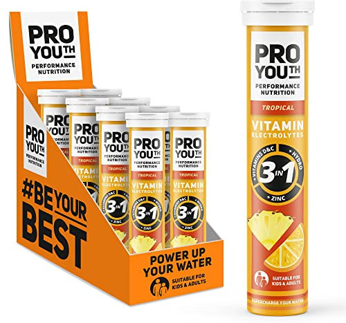 ProYouth Electrolytes Tablets with Vitamins for Kids and Adults - Hydration & Rehydration with Vitamins and Minerals - No Caffeine, no Sugar | 20 Tablets Tropical | Pack of 8