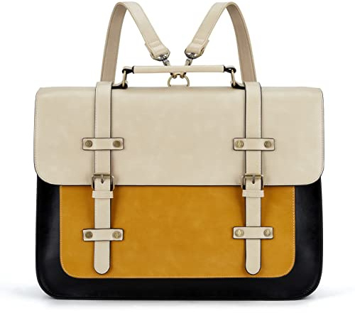 ECOSUSI Damen Laptoptasche, 15,6 Zoll, Handtaschen, Schulterriemen, PU-Leder, Vintage, Schulranzen, Lehrer, Aktentasche, Arbeit, Schüler, abnehmbarer Schultergurt, braun, L, Retro