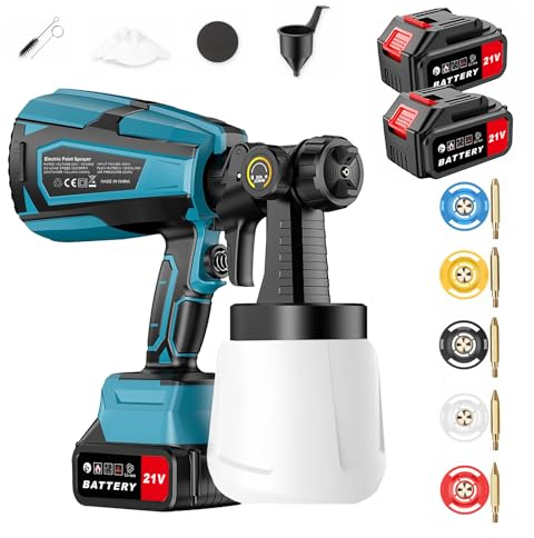 BreeRainz Pistolet à Peinture，Pistolet Peinture électrique sans Fil avec 2 * 3.0Ah 21V Batteries/5 Buses en cuivre/3 Modes de pulvérisation pour Meubles Clôtures Murs Portes Jardin Terrasse