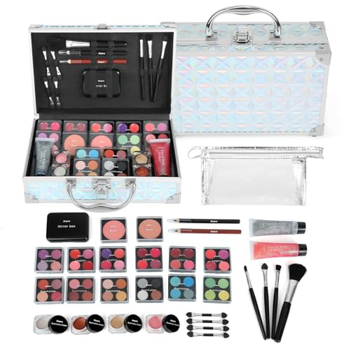 Anpro Estuche de Maquillaje Todo en Uno con Set de Maquillaje Pro Teen, Kit Completo de Cosméticos con Pinceles de Maquillaje, Pintalabios, Paleta de Sombras de Ojos, Colorete, Purpurina en Plateados