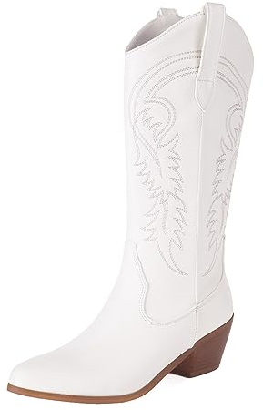 COOLCEPT Damen Wetsern Cowboy Stiefel Embroidered Halbschaft Stiefel Pull on Chunky Heel Cowgirl Stiefel White Große 39