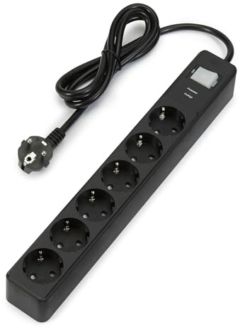 Amazon Basics regleta con 6 tomas y protección contra sobretensiones, extensión de enchufes, tapas de seguridad, cable de 1,4m, 6 enchufes, 600 J, color negro