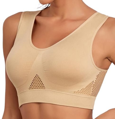 PrinStory Women Sports Bra Full Cup Yoga Bra Nude Sports Style Crop Tops Vest Beige Comfort Stretch Bras Outdoor Nylon Mesh Design Vest Breathable Women Activewear (Nude, L)