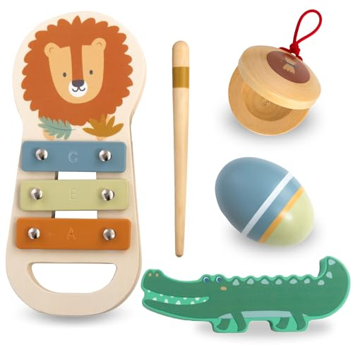 Mamabrum Kit Musical Africain - Xylophone Lion, Maracas Bebe, Castagnettes, Baguettes Crocodile - Jouet Bebe 1 an, Instruments en Bois pour Développement Sensoriel (5 Items)