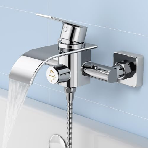 OTOmitra Badewannenarmatur Wasserfall, Mischbatterie Badewanne mit Druckschalter, Wasserhahn Badewanne Wandmontage, Badewanne Armatur aus Messing, Chrom Duscharmatur Aufputz