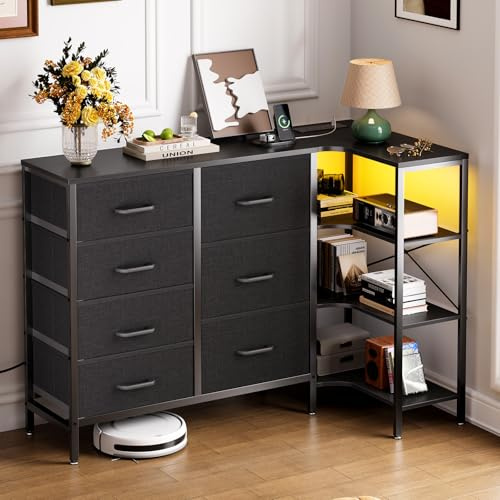Coleshome Corner Chest of Drawers Bedroom, Storage Dresser with 7 Fabric Drawers - 2 USB and 2 AC Outlets and LED, With 3-Tier Storage Table, Suitable for Bedroom Corners, Black
