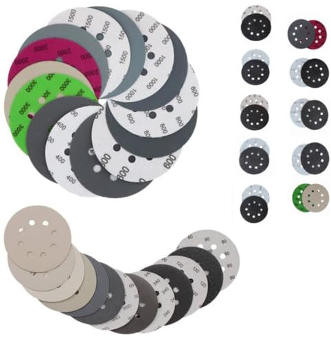 50 PCS Discos de Lija de 125mm Papel de Lija (60, 120, 240, 400, 600, 800, 1000, 1500, 2000 y 3000), Juego de Lijas lijadora Excéntrica de 8 Agujeros para Metal Madera Pintura y Coche