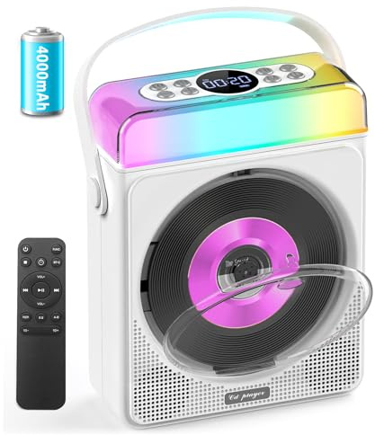 Portable CD Player with Bluetooth & RGB Lights, 4000mAh Rechargeable Personal CD Player with Speakers & Remote, Bass Boost, USB/TF/AUX Support, Portable Bluetooth CD Player for Home/Outdoor Use (White