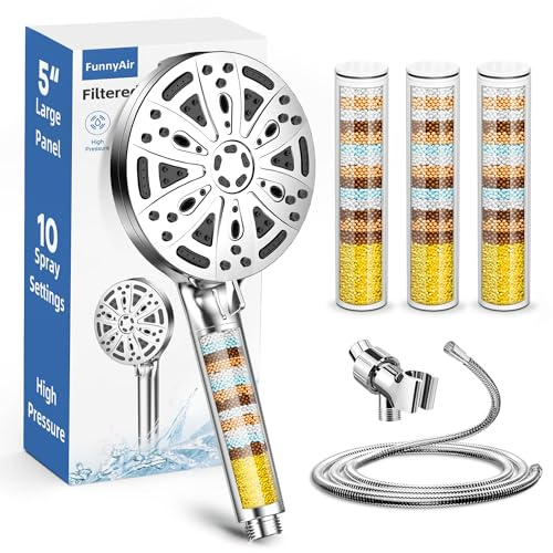 Filtered Shower Head with Handheld, FunnyAir High Pressure 10-Spray Mode 5 Shower Head with 3-Pcs Filters for Hard Water, 59 Long Stainless Steel Hose & 2 Built-in Wash Jets to Clean Tub/Pet, Chrome