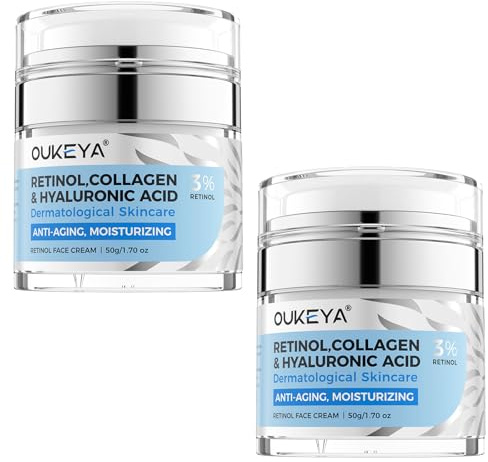 OUKEYA Anti-Aging Ansiktskräm - 3% Retinol + 5% Niacinamid & Hyaluronsyra - Intensiv Behandling för Djupa Rynkor, Mörka Fläckar och Torr Hud - Lyfteffekt & Återfuktning, 2 x 50 g