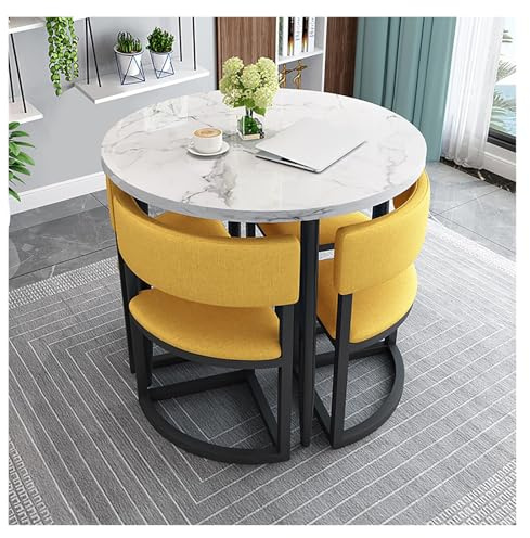 Moderno tavolo da pranzo rotondo con 4 sedie in tessuto, elegante gruppo da pranzo da cucina, perfetto per soggiorno e ufficio, mobili per la casa giallo