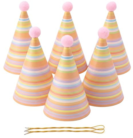 Vesil Pink Birthday Party Hats for Girls, 6 Pack Pink Cone Hat for Adults Pets and Stuffed Animals, 6.7 Inch Tall Self Locking Striped Celebration Accessories with Pom Poms