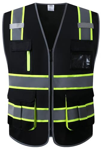 JKSafety 7 Pockets High Visibility Black Safety Vest for Men and Women Zipper Front with Hi-Vis Reflective Strips Meets ANSI/ISEA Standards(130-Black, X-Large)