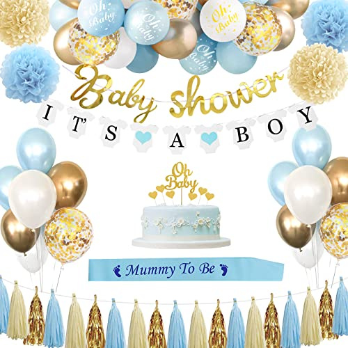Sancuanyi Baby Shower Decoracion Niño,Azul Globo Baby Shower Niño, Decoracion Baby Showers Azul Blanco con Faja Mamá, Globos, Banner It's a Boy para Ducha Bebe Niños