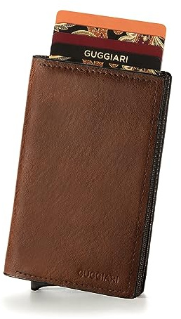 GUGGIARI® Porta Carte Credito Uomo in Pelle - Portacarte RFID in Alluminio con Porta Monete e Tasca di Cortesia con Chiusura Magnetica - Portafoglio Uomo Slim - Leather - Brown