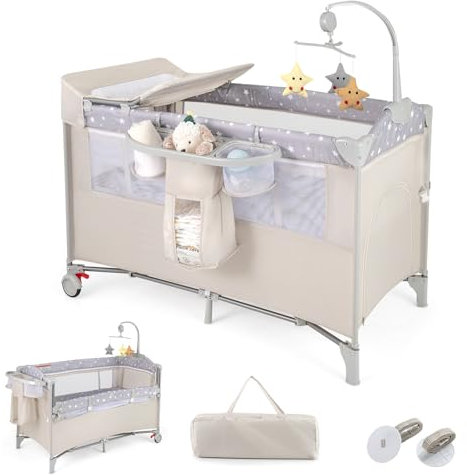 LIFEZEAL Vikbar babysäng med skötbord, resesäng baby med lekbåge och musikklockor, mobil barnresesäng med förvaringsväska, för baby 0–36 månader (beige)