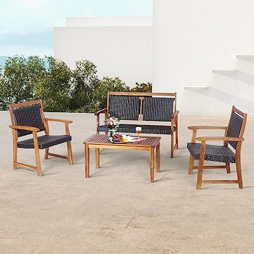 Giantex Ensemble de Conversation Patio 4 Pièces, Ensemble de Meuble 4 Pièces avec Cadre en Bois d’Acacia & Dossier Ergonomique, Salon de Jardin Extérieur, pour Patio, Terrasse, Balcon