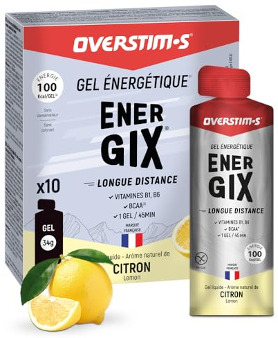 Overstim.s - Gel Energix (10 sachets) - Gel énergétique pour le sport (vélo, course à pied..) - Energie longue durée (Glucose + Fructose + Maltodextrines) - BCAA - 100 kcal/gel - Saveur Citron