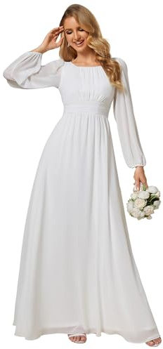 Ever-Pretty Robes de Demoiselle d'honneur Col Ronde Manches Longues Mousseline Maxi Robe évasée Blanc 42