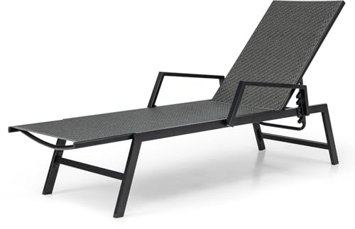 COSTWAY Tumbonas Jardin Exterior de Ratán, Tumbonas Liquidación con Reposabrazos y Respaldo de 5 Posiciones, Marco de Metal, Carga 150 kg, Tumbona Reclinable Piscina Playa