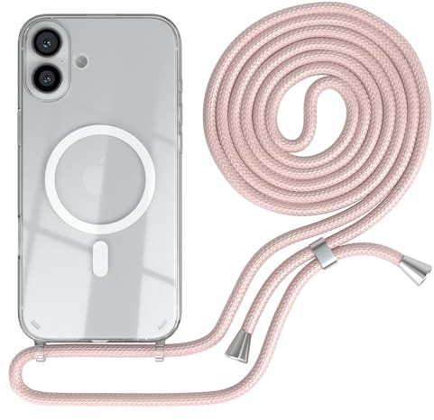 EAZY CASE - mobilkedja kompatibel med iPhone 16 Plus, kedja för upphängning, stötsäkert mobilskal för iPhone 16 Plus, silikonskal med rem, transparent mobilskal i Roséguld