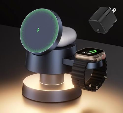 iVANKY 4 in 1 Wireless Charger for iPhone 17 Charging Station with Night Light, 15W 3 in 1 Travel Stand for MagSafe Charger for iPhone 17/16/15/14 Pro/Max/Air Apple iWatch Airpods (With 30W Adapter)