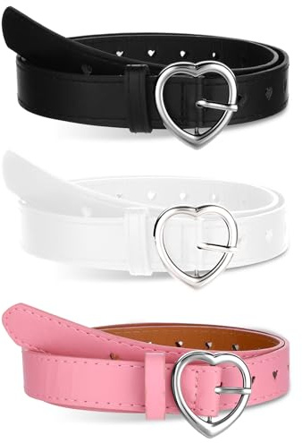 BOHUIZ 3Pcs Girls Belt Cute Heart Shape With Metal Buckle PU Leather Stretch Adjustable Waist Belt for Girl Dress Pants Jeans(Pink, Black, White)