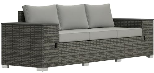 Outsunny 3 Seater Wicker Sofa with 2 Storage Side Tables and Thickened Cushions, Rattan Outdoor Patio Sofa with Wide Armrests, Wicker Outdoor Couch for Porch, Garden, Backyard, Gray