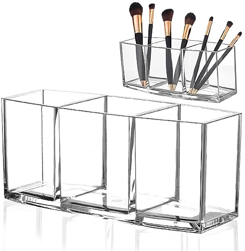 NUWIQ Make Up Brush Holder, 3 Slot Clear Makeup Brush, Makeup Organiser Tray, Office Desk Stationery Storage Holder Makeups Box Units for Bathroom Drawers, Acrylic Cosmetic Brushes Storage Eyeliners