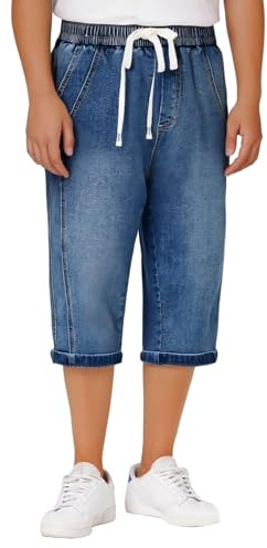 Duohropke Pantaloncini in jeans da uomo a 3/4 cargo baggy denim, elasticizzati, tinta unita, per il tempo libero, larghi, taglie forti, jeans a tre quarti, Azzurro, 4XL