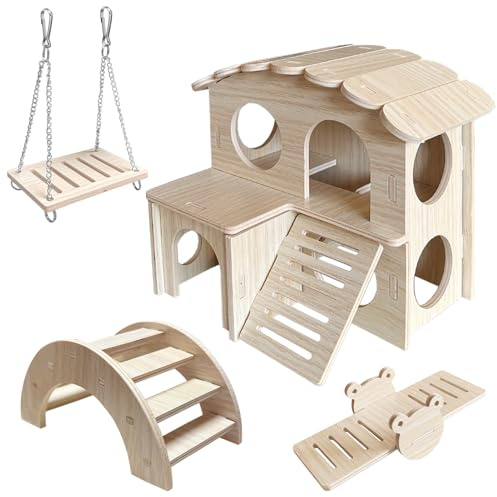 LOS ANDES Hamster Maze Double-Decker Wood House, Seesaw Toy, Bridge and Swing Hideout Cage Decor for Syrian Hamsters Dwarf Gerbil Mouse Mice Rat Small Animals(Only for Small Hamster)