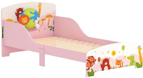 AIYAPLAY Barnsäng, barnsäng, djurmotiv, 140 x 70 cm, med sidoskyddspaneler träribbotten, säker bottendesign, lätt att montera, rosa