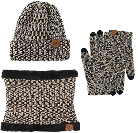 Vinter halsduk hatt & handskar set hatt halsduk handskar set varm stickad halsvärmare ull termisk keps utomhus sport skidvantar män kvinnor kallt väder accessoarer kläder, Brun, one size