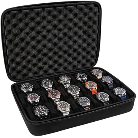 GLOBLELAND 15 Slots Watch Travel Case Watch Organizer Storage Boxes for Men Hard Watch Box Black Watches Display Organizer Storage Case with Handles Fits All Wristwatches Smart Watches